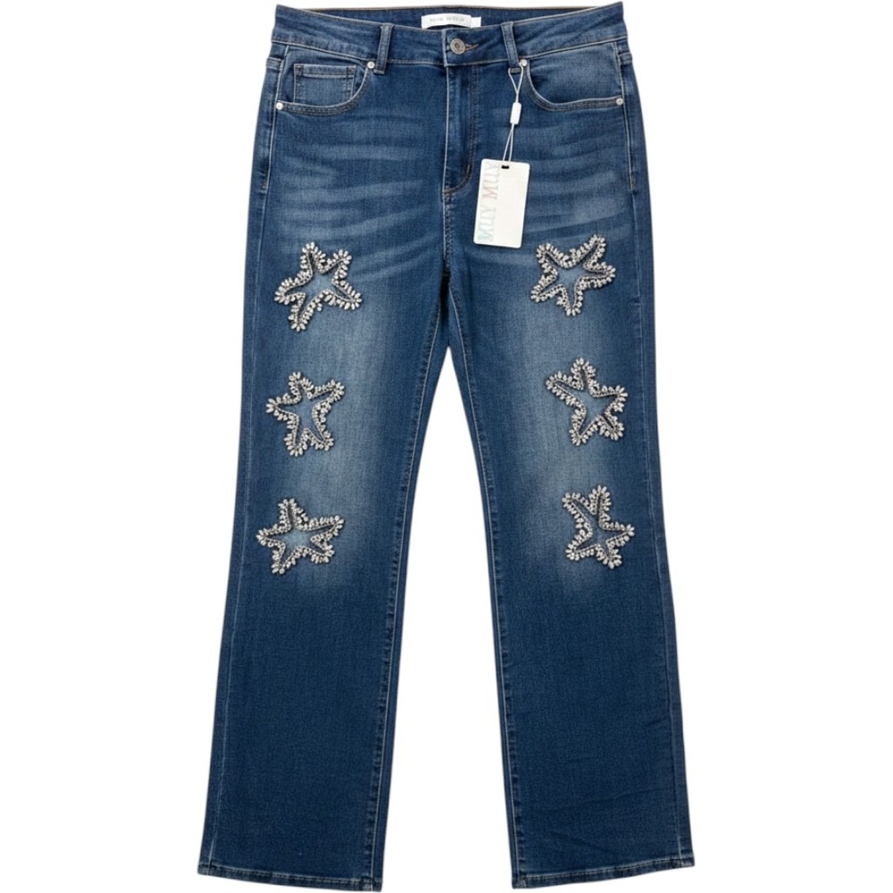 Muy Muy Fancy Collection Rhinestone Star Cutout Straight Jeans Large 28x32 NEW